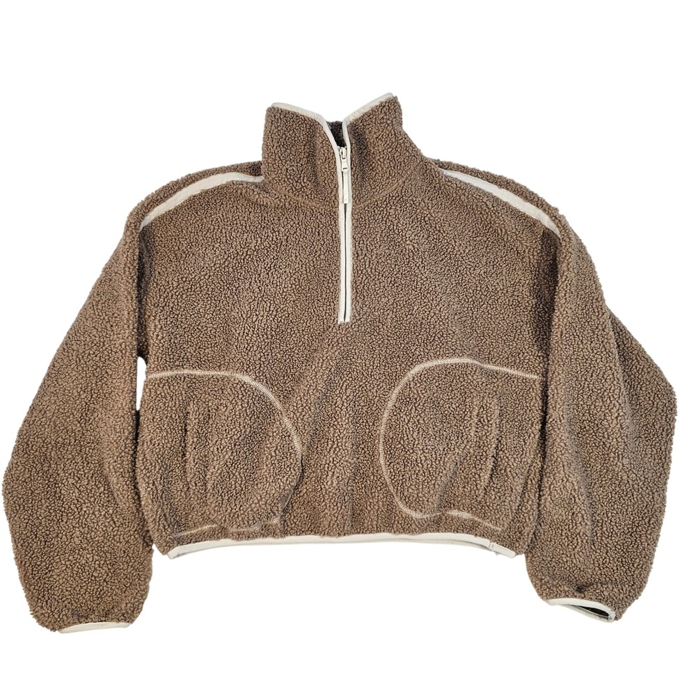 JoyLab Brown Sherpa Fleece Half Zip Pullover Cropped Sweater XS